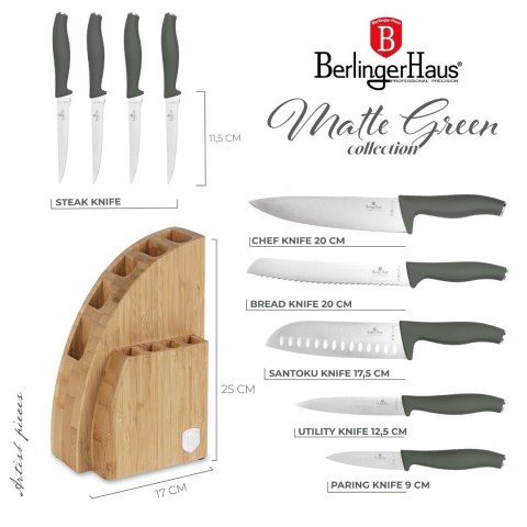 Noże kuchenne | Zestaw 9 noży w stojaku bambusowym BerlingerHaus Matte Green BH-3123