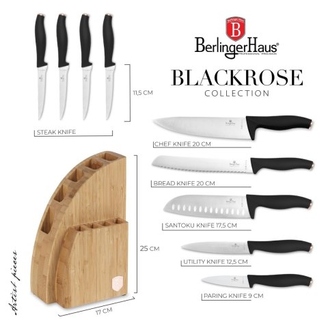 Noże kuchenne | Zestaw 9 noży w stojaku bambusowym Black Rose Collection BerlingerHaus BH-2760
