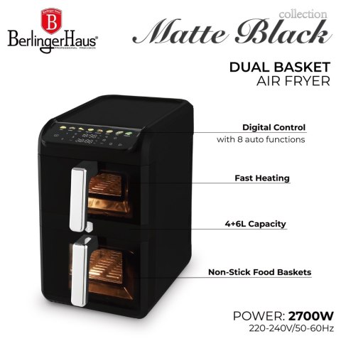 Frytkownica beztłuszczowa Air Fryer Dual 10 l (4 l + 6 l) BerlingerHaus Matte Black Collection BH-9926